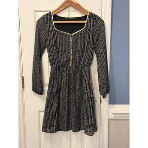 Maurices Geometric A-Line Dress Button Front Contrast Trim Black White Yellow XS
